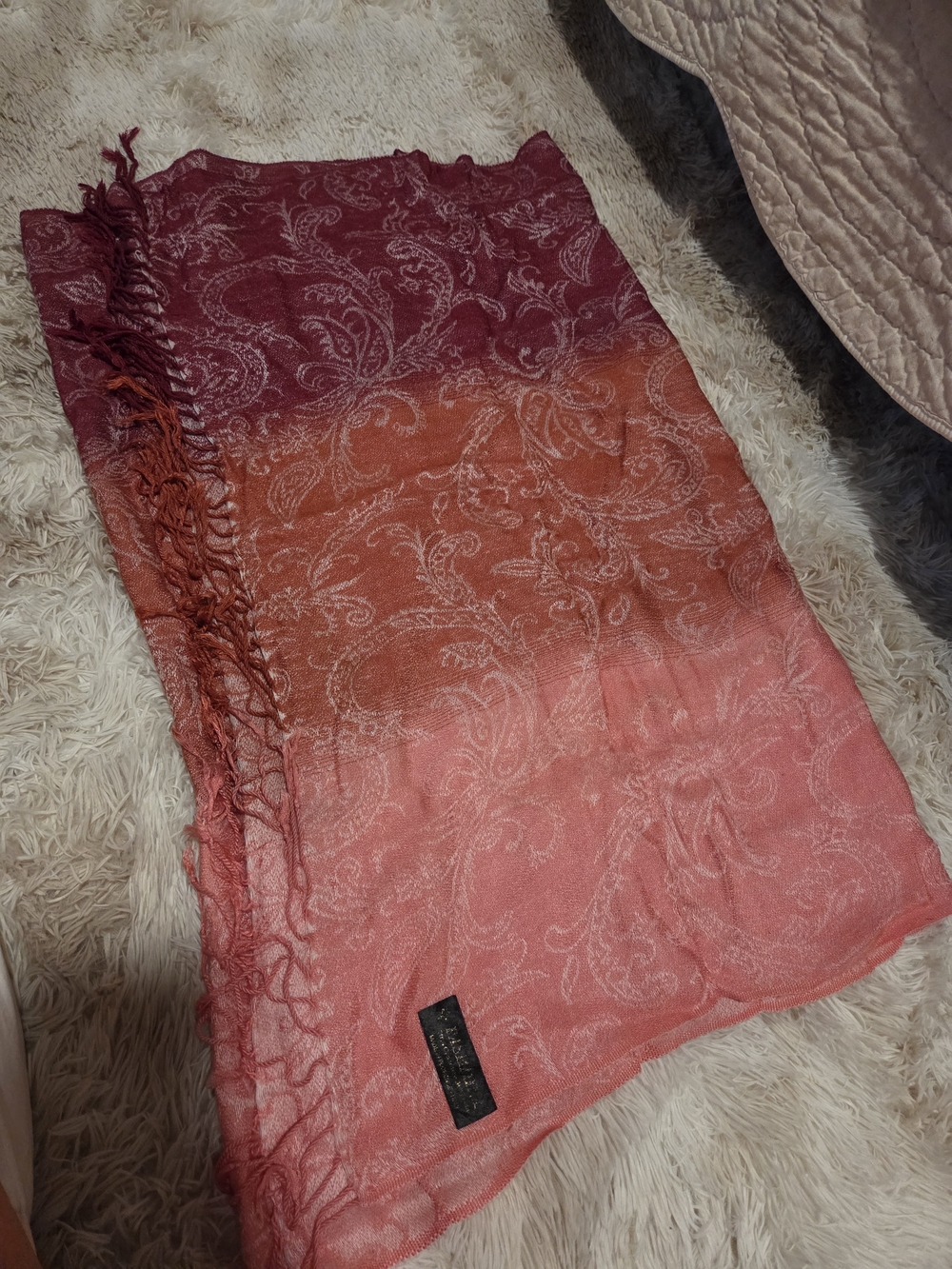pashmina Ombre Paisley Fringe Scarf in Pink, Orange, Purple